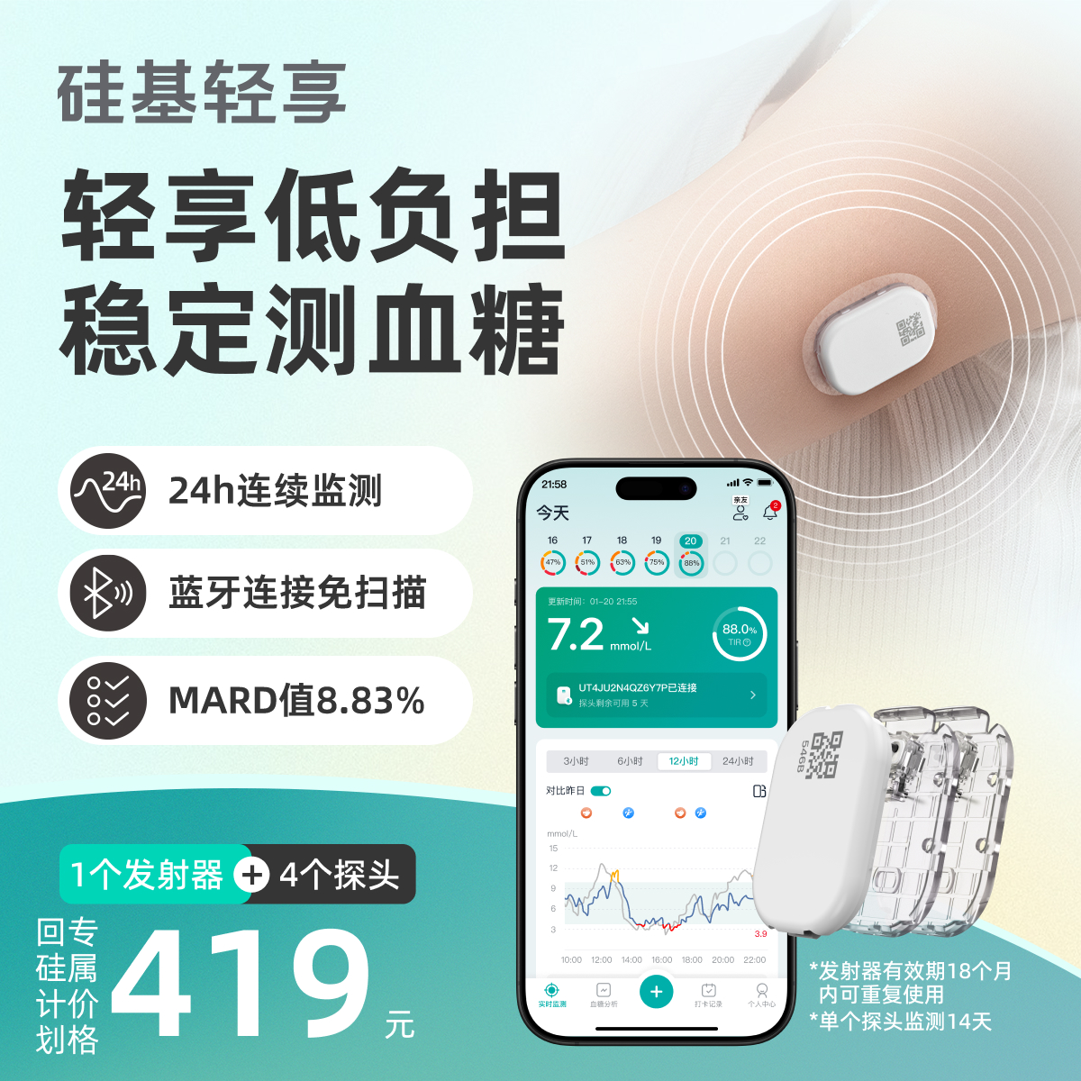 【回硅计划专属】 1个发射器+4个探头 分体式 可复用动态血糖仪