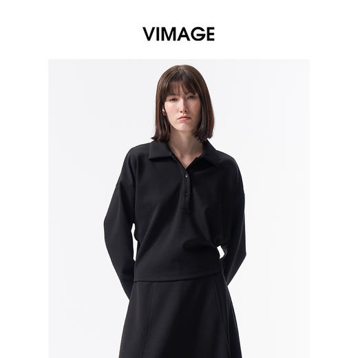 VIMAGE纬漫纪复古高智感通勤显瘦百搭黑色polo领上衣2026春季新款V2513203 商品图2