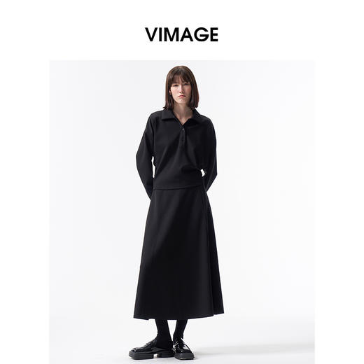 VIMAGE纬漫纪垂坠质感女士简约黑色高腰A字半身裙2026春季新款V2506204 商品图1