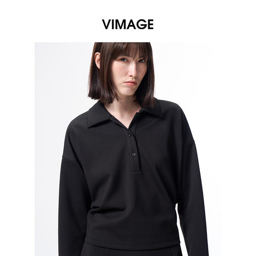 VIMAGE纬漫纪复古高智感通勤显瘦百搭黑色polo领上衣2026春季新款V2513203 商品图3