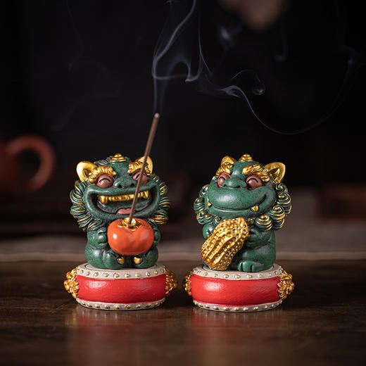 新中式小狮子【好柿+花生】一对茶宠摆件 商品图4