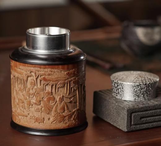 竹林七贤°锡胆竹雕茶叶罐 商品图0