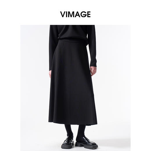VIMAGE纬漫纪垂坠质感女士简约黑色高腰A字半身裙2026春季新款V2506204 商品图0