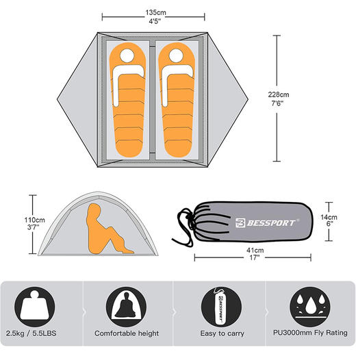 美国 Bessport 2-3人双层户外帐篷 防水防风 双门设计 易搭建 228x135cm 灰色 X0016JM14P  商品图1