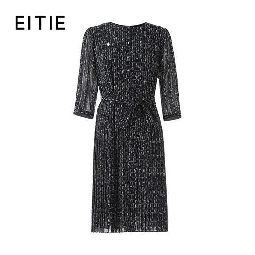 EITIE爱特爱圆领抽绳收腰字母印花图案设计优雅中长款连衣裙8507202 商品图6