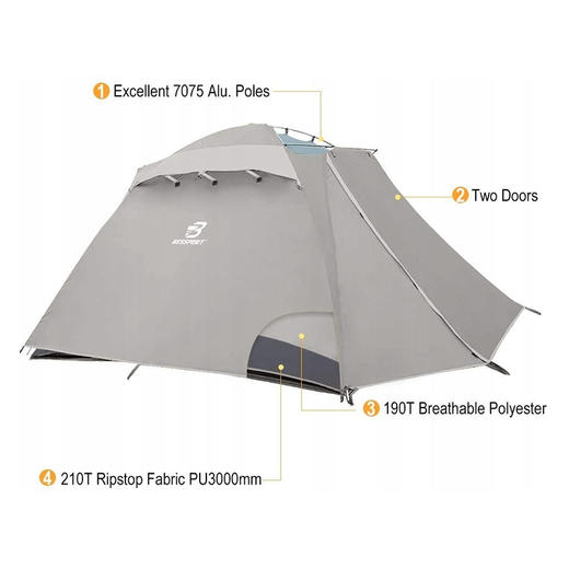 美国 Bessport 高品质双层帐篷 可容纳4人 防水通风 260*240*160cm 灰色 X002IUWFDV 商品图2
