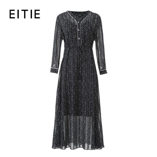 EITIE爱特爱V领抽绳收腰字母印花图案设计优雅长款连衣裙8507201 商品图5