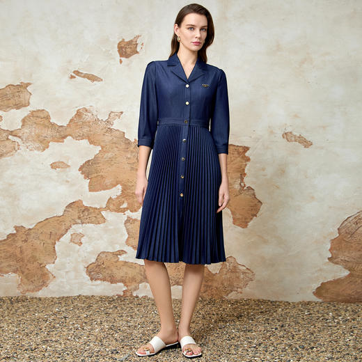 EITIE爱特爱春季新款显瘦翻领收腰A字复古通勤气质牛仔连衣裙8107818 商品图1