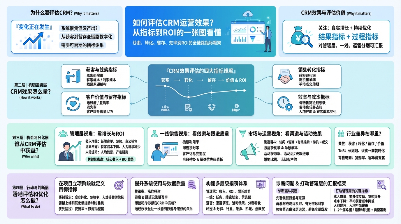 用哪几类核心指标评估CRM运营效果？