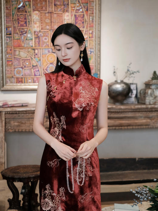 盛唐牡丹 | 金银瑞兽酒红色丝绒旗袍裙 商品图5