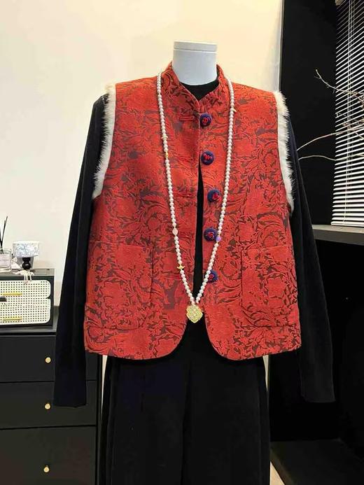 女装25秋冬新品新中式毛边刺花棉马甲2217-477598 商品图1