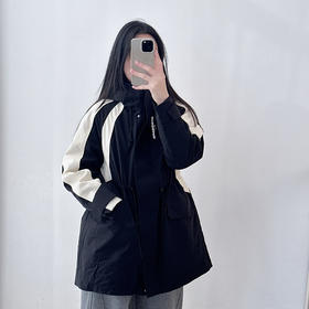 冲锋衣羽绒服欧洲站秋冬长款束腰宽松黑白拼色风衣外套