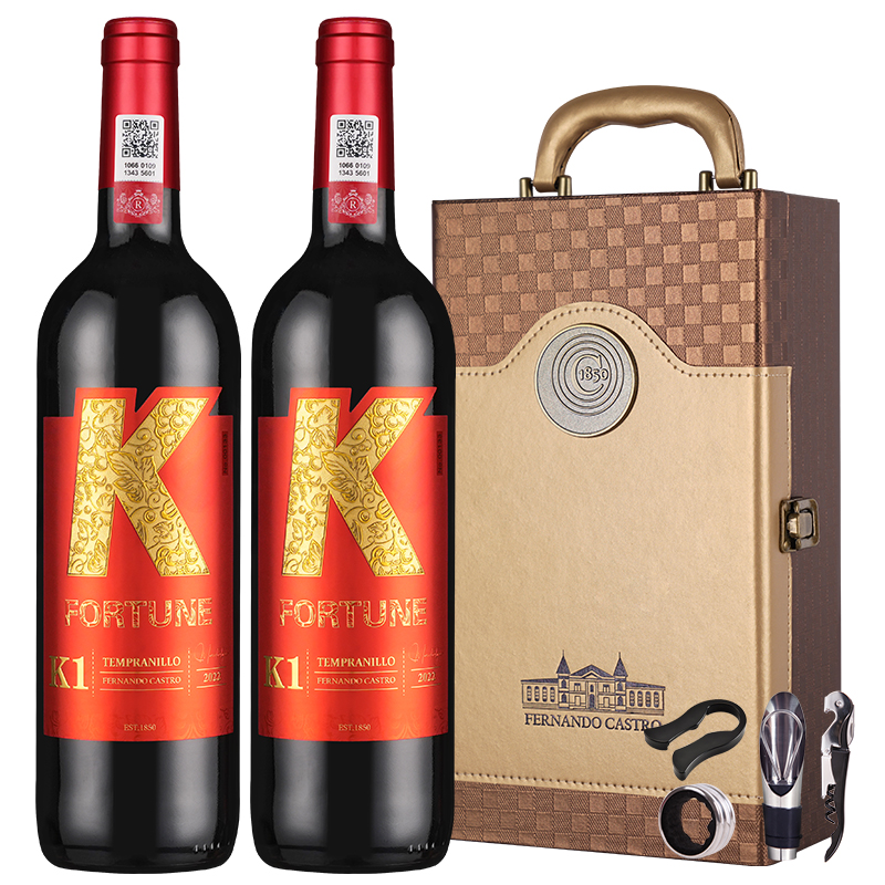 严选 | 富特恩k1干红葡萄酒双支礼盒装 750ml*2 新年红酒礼盒（含酒具套装)