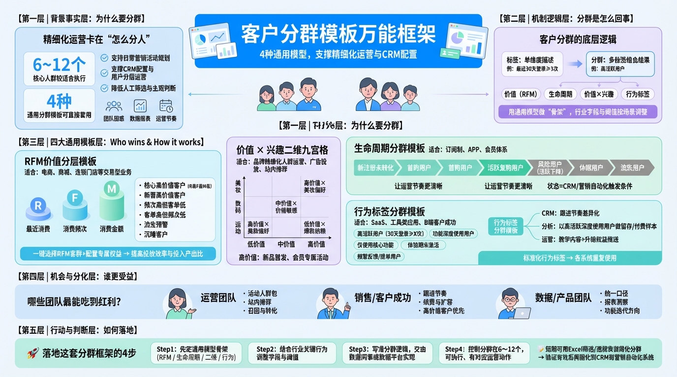 一、用 RFM 分群模板做“价值分层”怎么设计？