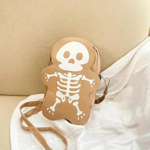 有趣可爱的骨架印花女士肩包可调节肩带女士拉链邮差包 适合万圣节派对出游 卡其色 商品图0