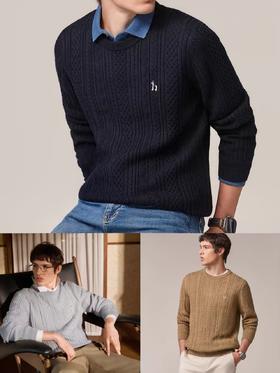 Hazzys哈吉斯男士圆领肌理感绞花毛衣保暖针织衫