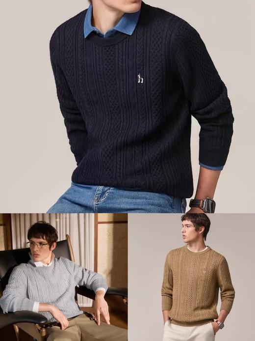 Hazzys哈吉斯男士圆领肌理感绞花毛衣保暖针织衫 商品图0