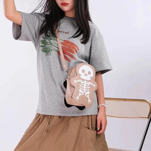 有趣可爱的骨架印花女士肩包可调节肩带女士拉链邮差包 适合万圣节派对出游 卡其色 商品图3