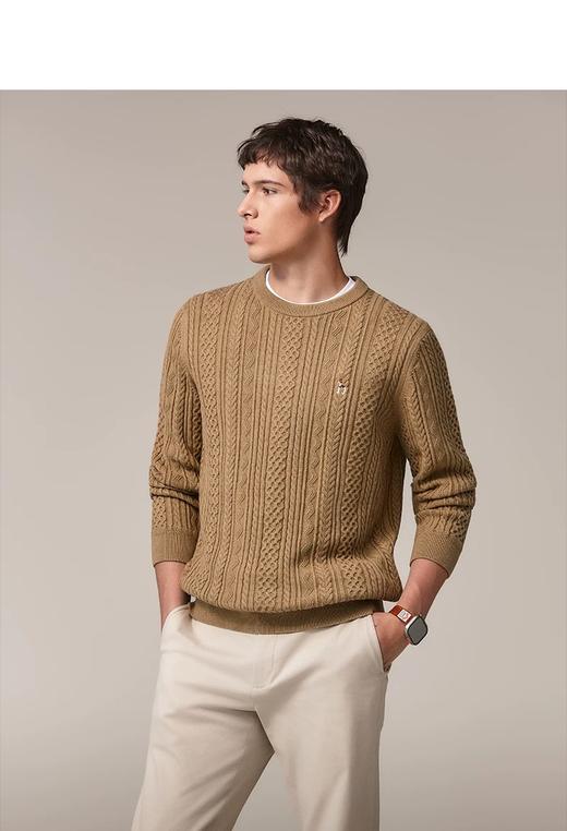 Hazzys哈吉斯男士圆领肌理感绞花毛衣保暖针织衫 商品图1