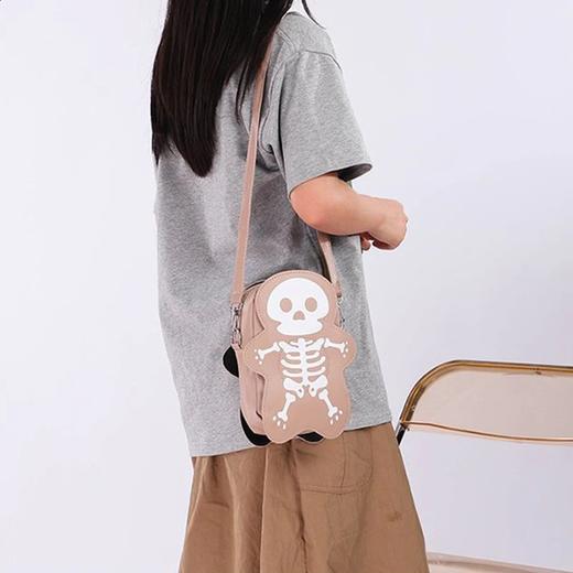 有趣可爱的骨架印花女士肩包可调节肩带女士拉链邮差包 适合万圣节派对出游 卡其色 商品图4