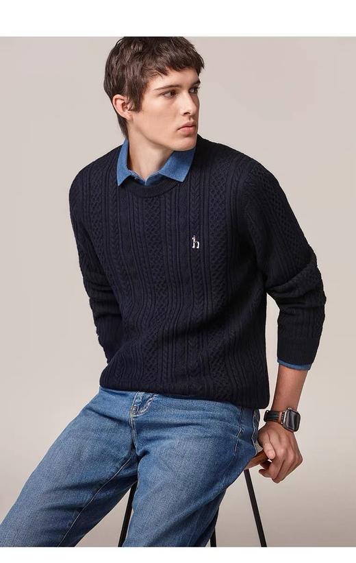 Hazzys哈吉斯男士圆领肌理感绞花毛衣保暖针织衫 商品图2