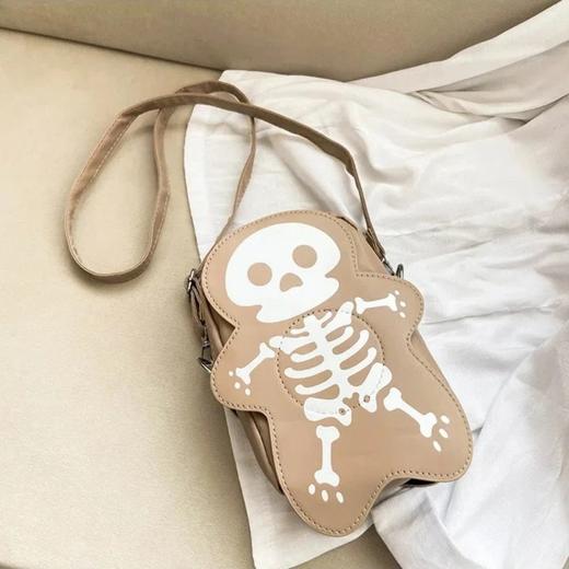 有趣可爱的骨架印花女士肩包可调节肩带女士拉链邮差包 适合万圣节派对出游 卡其色 商品图1