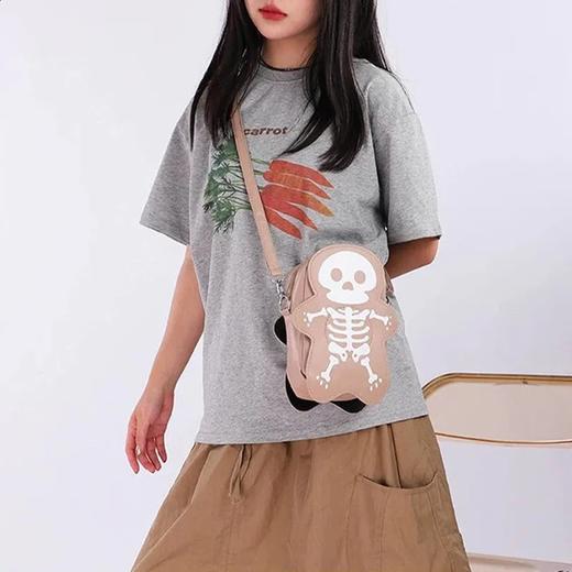 有趣可爱的骨架印花女士肩包可调节肩带女士拉链邮差包 适合万圣节派对出游 卡其色 商品图2