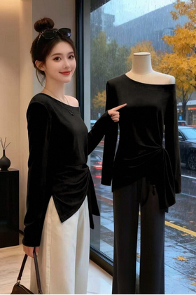 现货清【自营】~王炸爆款 超舒服！！莫代尔棉一字肩不规则设计感开叉上衣02506-喜出