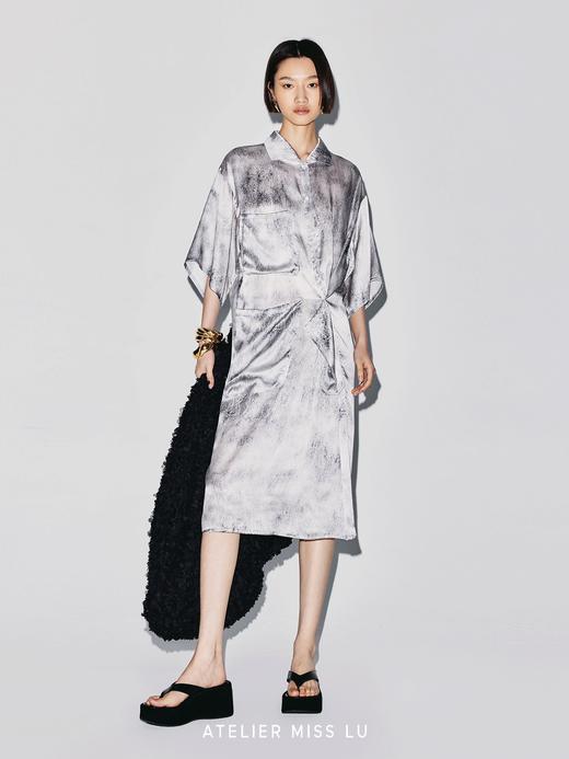 【积雪草地】品牌定染印花立裁捏褶桑蚕丝连衣裙 商品图1