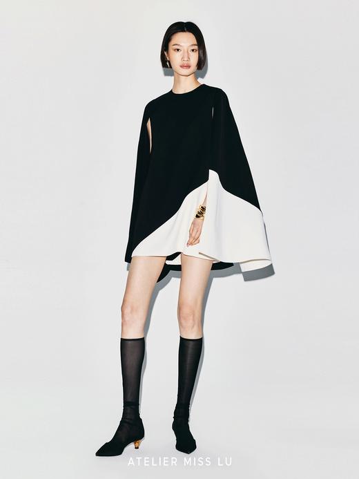 【日夜无极】撞色几何分割开衩飘袖连衣裙 商品图3