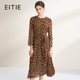 EITIE爱特爱复古棕色波点收腰显瘦气质圆领连衣裙2026春季新款A2607119