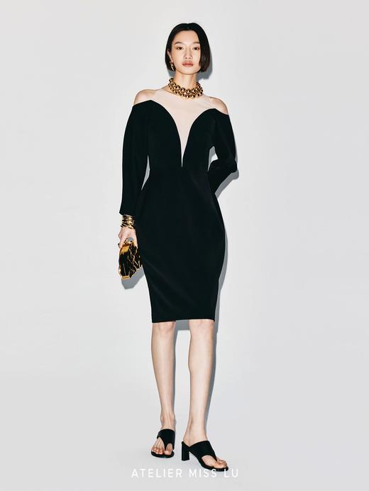 【午夜郁金香】大弧线薄纱拼接深V收腰连衣裙 商品图1