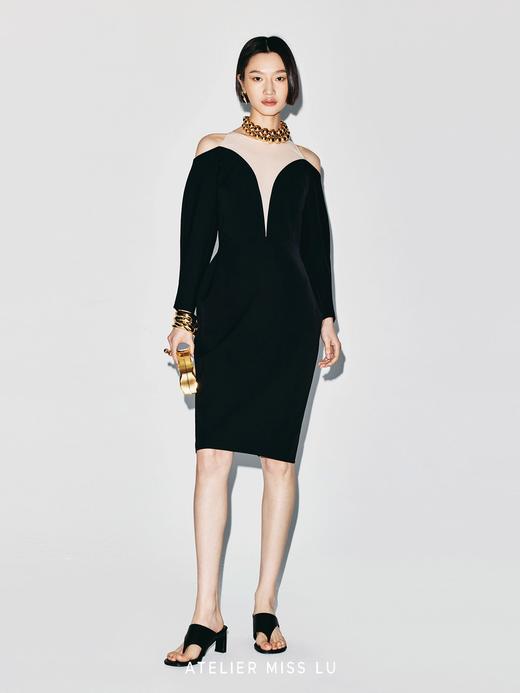 【午夜郁金香】大弧线薄纱拼接深V收腰连衣裙 商品图2