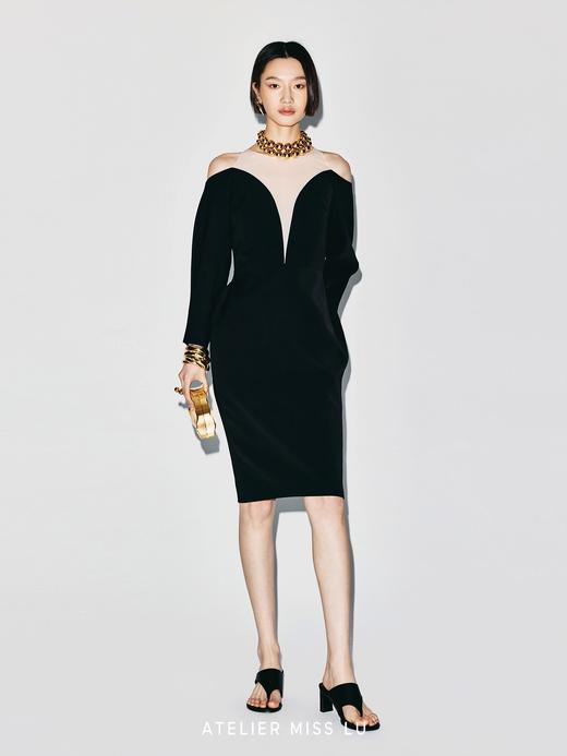 【午夜郁金香】大弧线薄纱拼接深V收腰连衣裙 商品图3