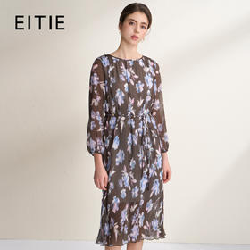 EITIE爱特爱优雅浪漫印花压褶收腰显瘦直筒连衣裙2026春季新款A2607115