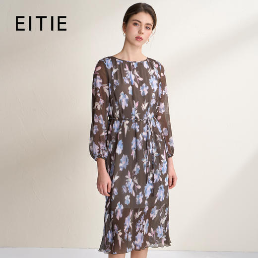EITIE爱特爱优雅浪漫印花压褶收腰显瘦直筒连衣裙2026春季新款A2607115 商品图0