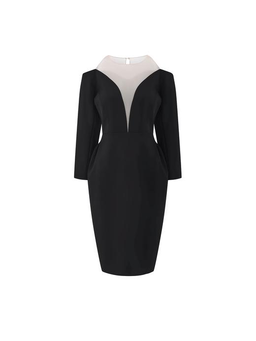 【午夜郁金香】大弧线薄纱拼接深V收腰连衣裙 商品图0