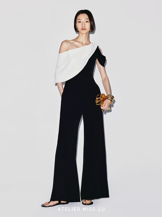 【水形战神】撞色拼接立裁斜肩设计阔腿连体裤 商品图1