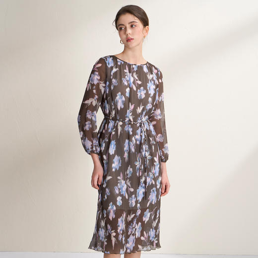 EITIE爱特爱优雅浪漫印花压褶收腰显瘦直筒连衣裙2026春季新款A2607115 商品图1