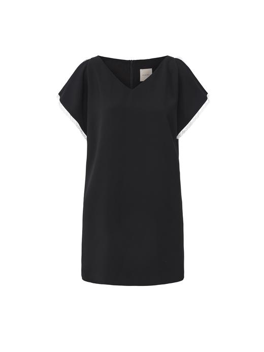 【云之翼】蕾丝拼接开衩小飞袖直身造型连衣裙 商品图0