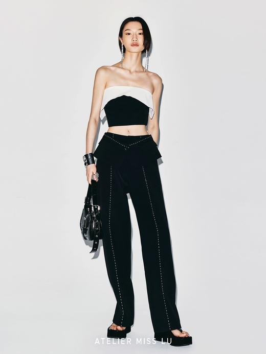 【几何环球】撞色缝线设计腰部裁片拼接直身长裤 商品图3