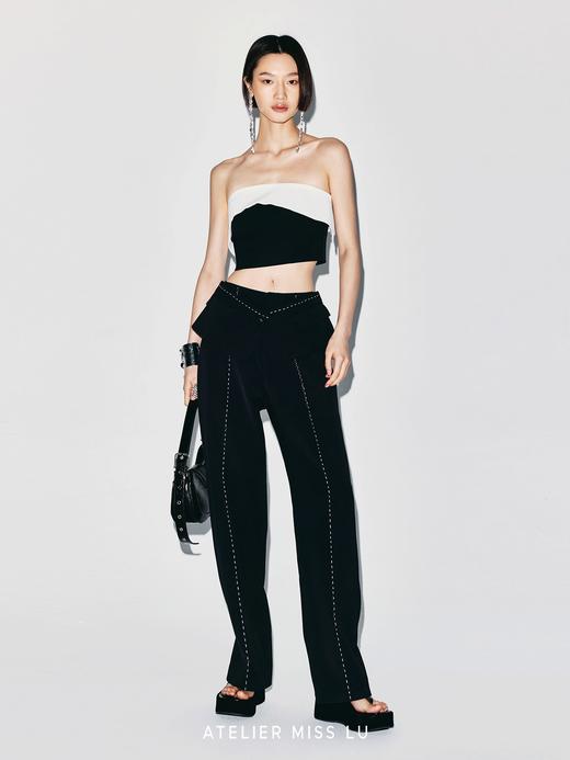 【几何环球】撞色缝线设计腰部裁片拼接直身长裤 商品图1