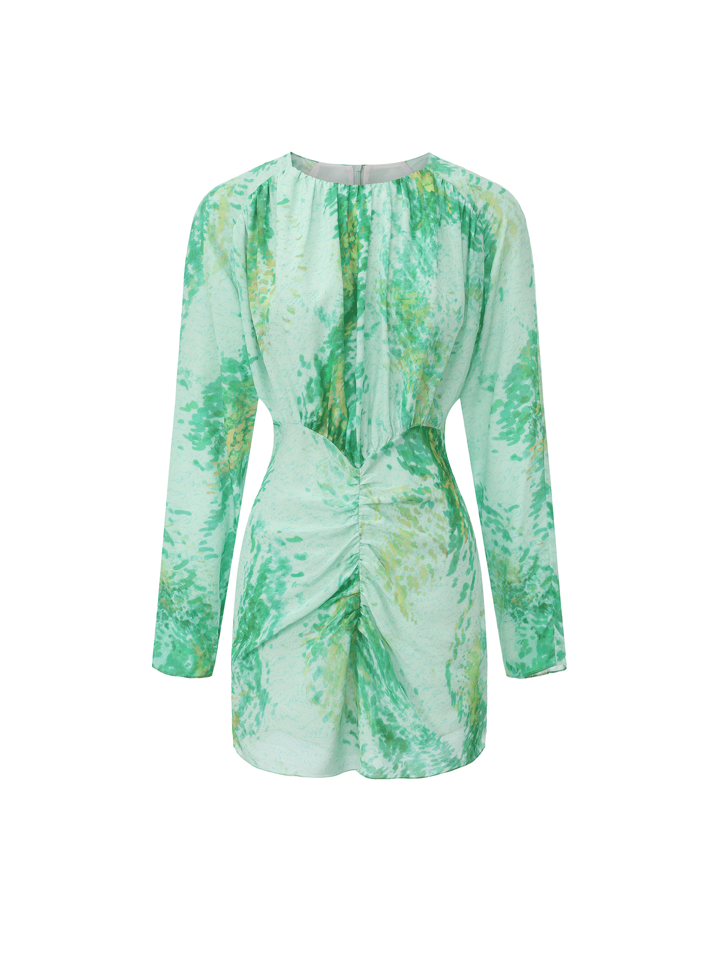 【莫奈庭院】品牌定染印花褶皱收腰桑蚕丝长袖连衣裙