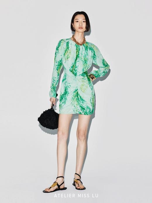 【莫奈庭院】品牌定染印花褶皱收腰桑蚕丝长袖连衣裙 商品图1