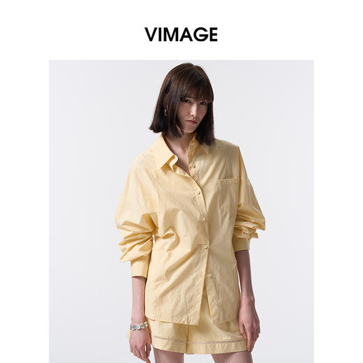 VIMAGE纬漫纪休闲纯棉翻领百搭基础宽松长袖衬衫上衣2026春季新款V2509201 商品图1