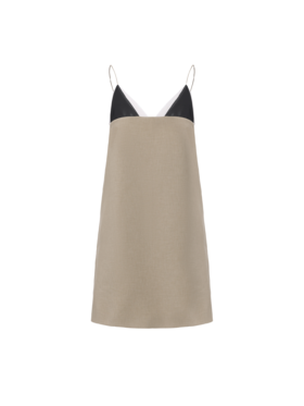 【蒙德里安游戏】几何PU皮拼接设计A字吊带连衣裙