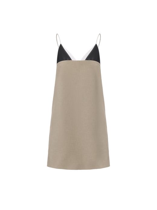 【蒙德里安游戏】几何PU皮拼接设计A字吊带连衣裙 商品图0