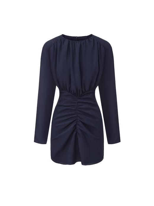 【翠贝卡低语】褶皱收腰设计长袖修身连衣裙 商品图0