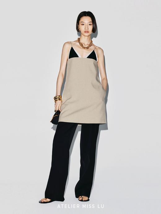 【蒙德里安游戏】几何PU皮拼接设计A字吊带连衣裙 商品图2