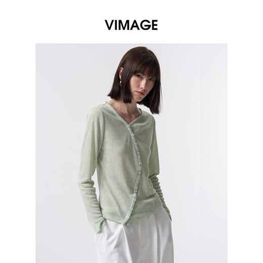 VIMAGE纬漫纪休闲不规则斜门襟显瘦薄荷绿针织上衣2026春季新款V2513207 商品图1